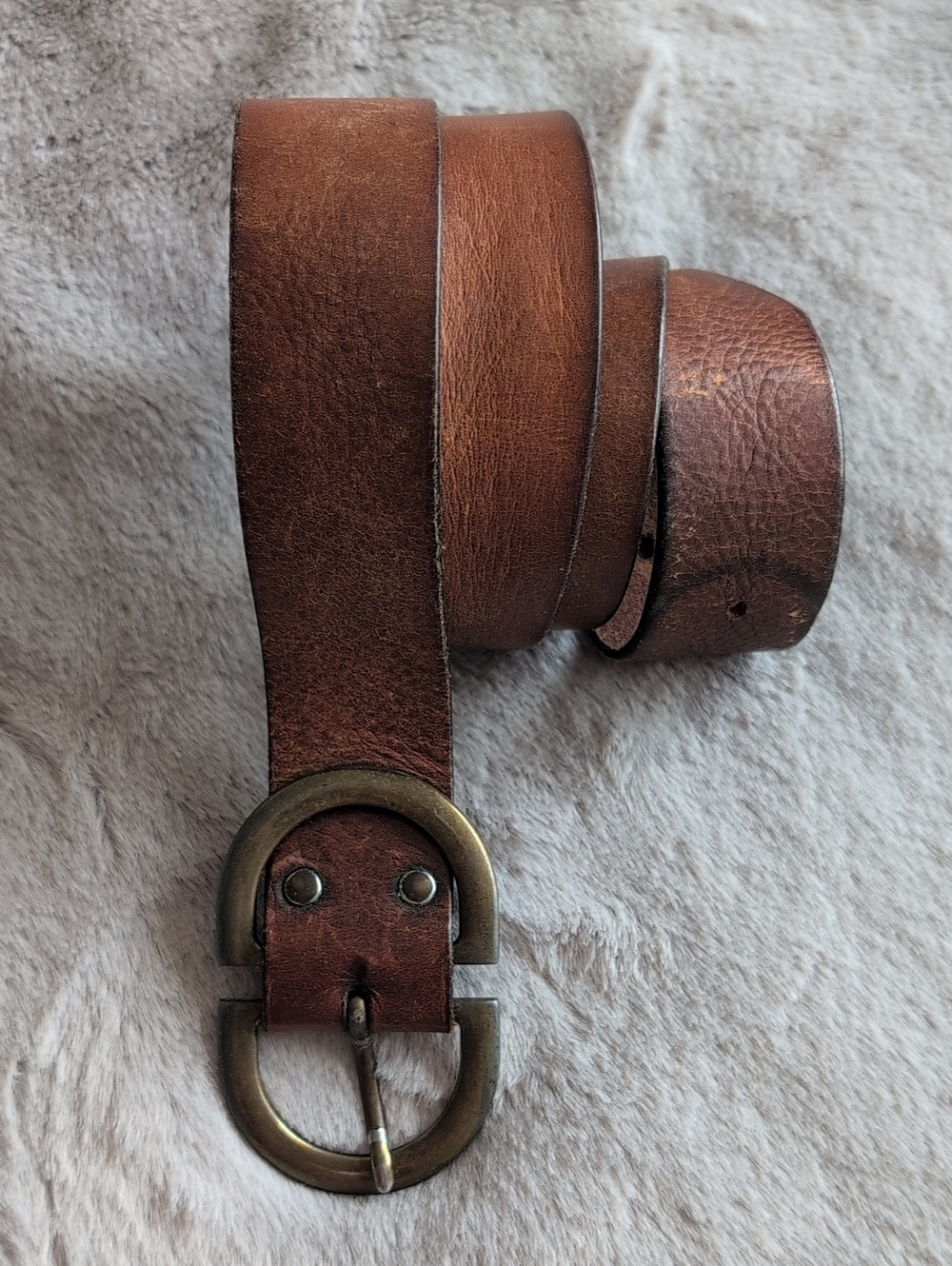 H&M Brown Leather Belt with Antique Brass Double-Ring Buckle